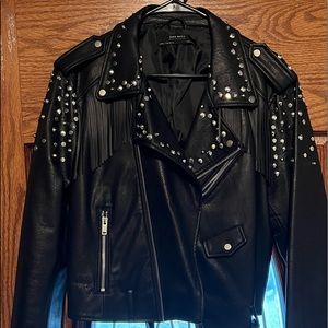 Fringe biker jacket with studs faux leather